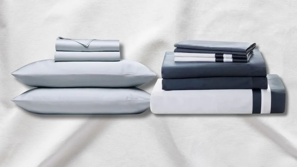 two luxury bedding sets from the brands downright and cozy earth, layered over an image of a creased, white bedsheet; best luxury bedding to shop in 2026